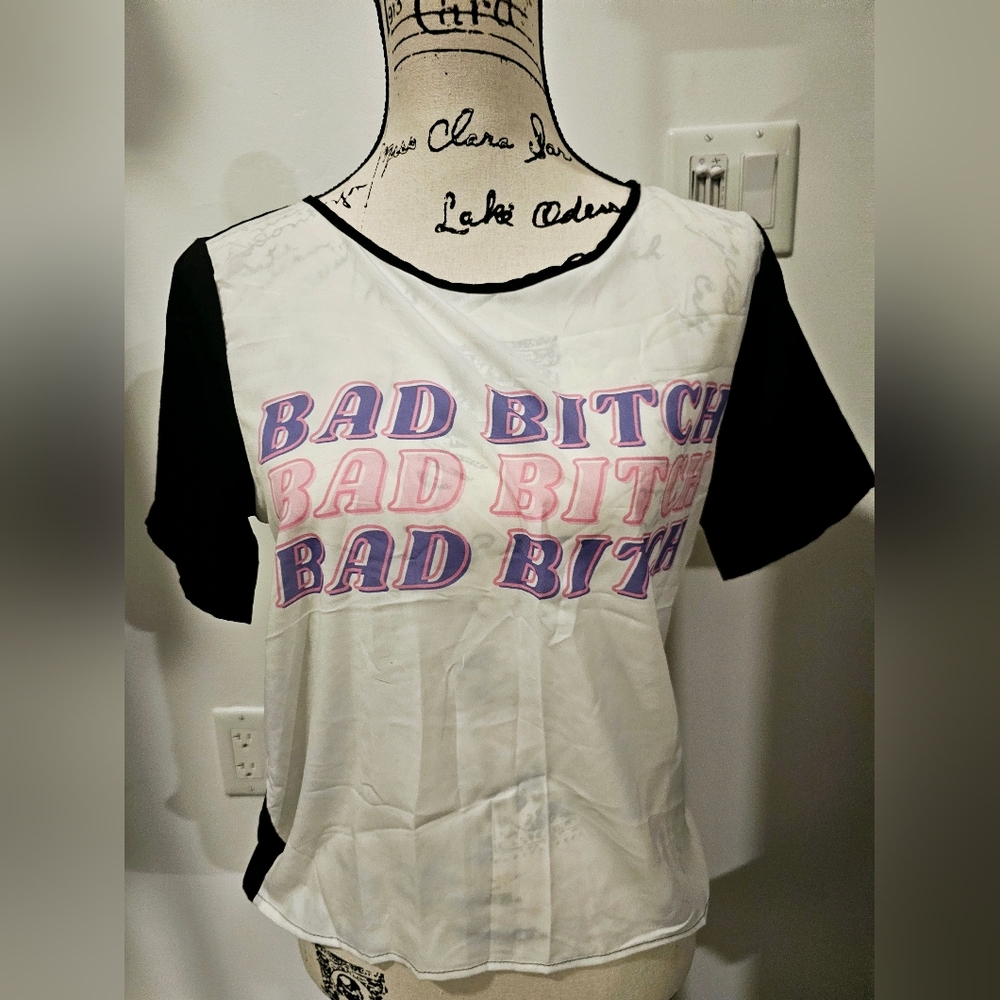 Women's size small Bad B!tch blouse black white pink purple